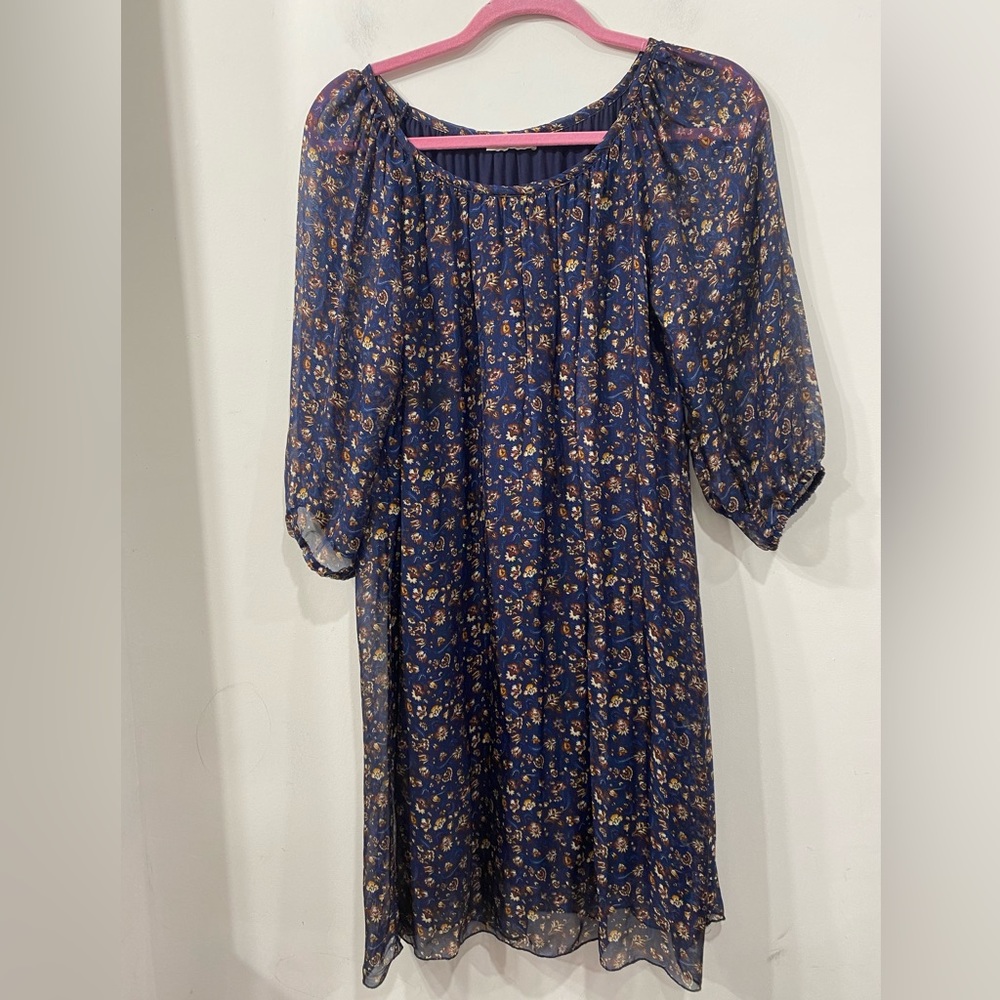 Bellambia Flowy Silk Blend Italian Dress in Navy Blue/ Brown Yellow Oversized S